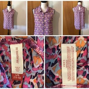Pink Orange Print Sheer Button Open Keyhole Back